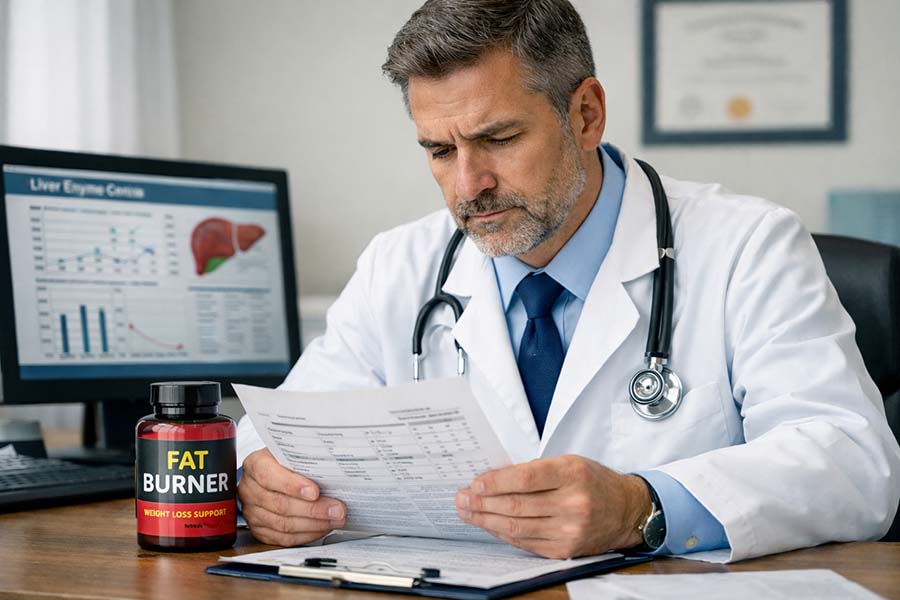 Doctor reviewing lab results with fat burner supplement bottle on desk, illustrating safety concerns and potential liver risks of weight loss pills