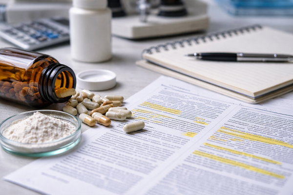 Fat burner supplements next to printed research papers and notebook for scientific review