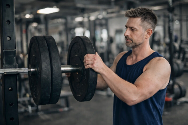 Man adding plates to a barbell hoping that getting stronger will make him bigger