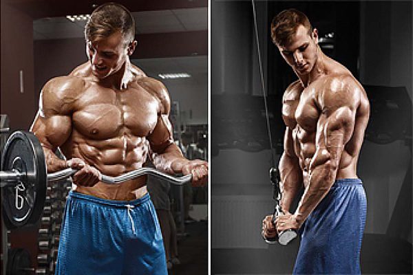 Bodybuilder doing a superset of bicep curls and tricep extensions