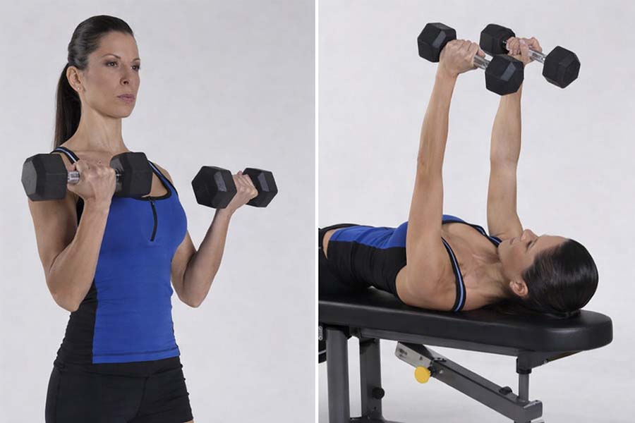 women doing a bicep - tricep superset with dumbbells