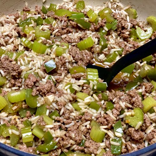 creole rice with ground beef aka dirty rice