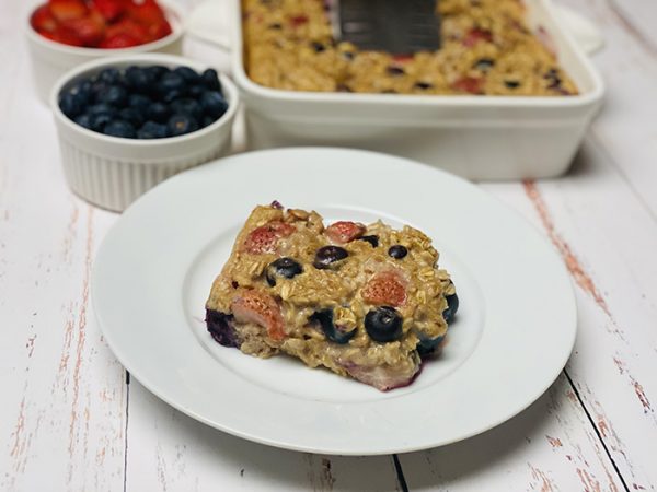 high protein double berry baked oatmeal slice