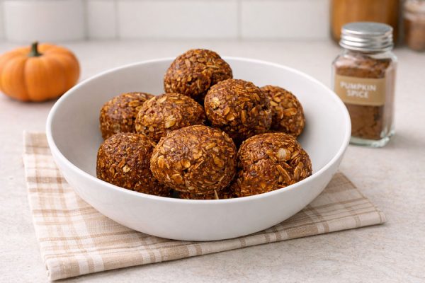 pumpkin spice protein b balls in a bowl