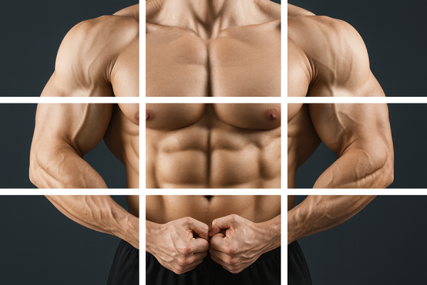 bodybuilder's torso split into sections, depicting body part split