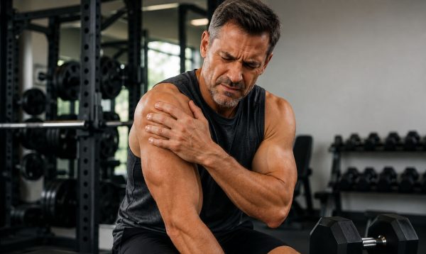Man in gym with weight lifting shoulder injury