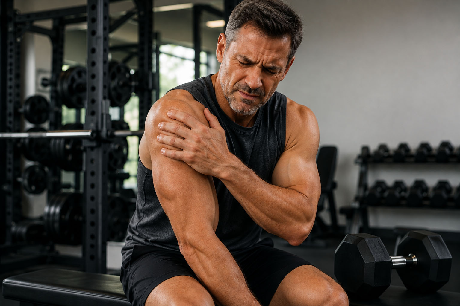 Man in gym with injury in shoulder