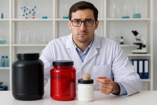 Scientist in a white lab coat testing protein powder for heavy metals in a laboratory