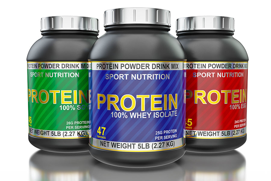 Tubs of whey protein powder