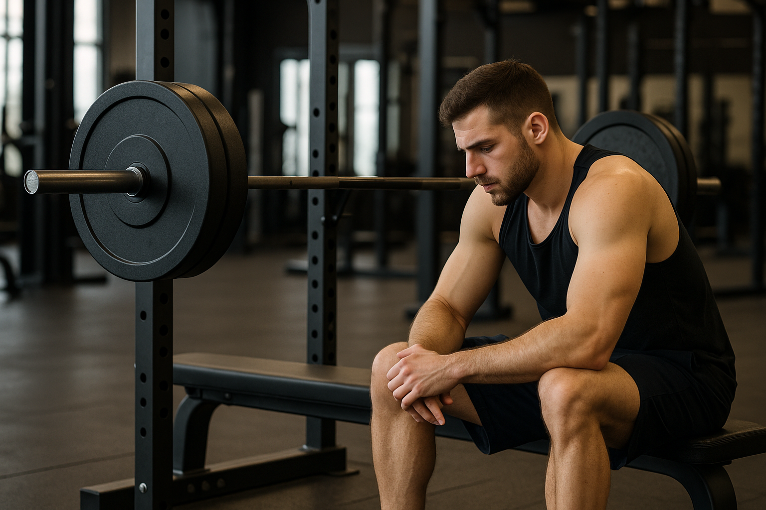 Man sitting on bench in gym resting between sets