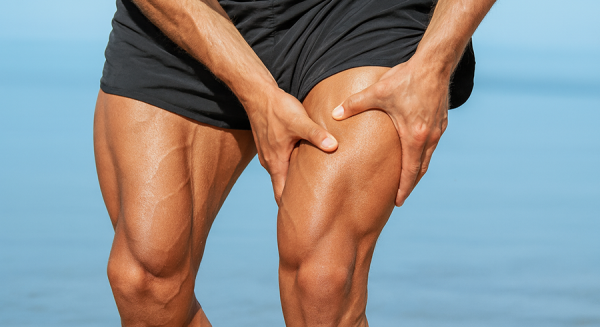 Man holding his thigh muscle, rubbing his leg due to delayed-onset-muscle soreness (DOMS)