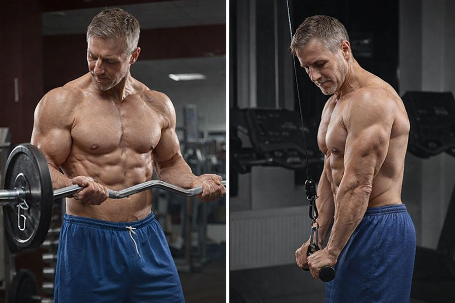 Man performing an antagonist superset: bicep curls with tricep pushdowns