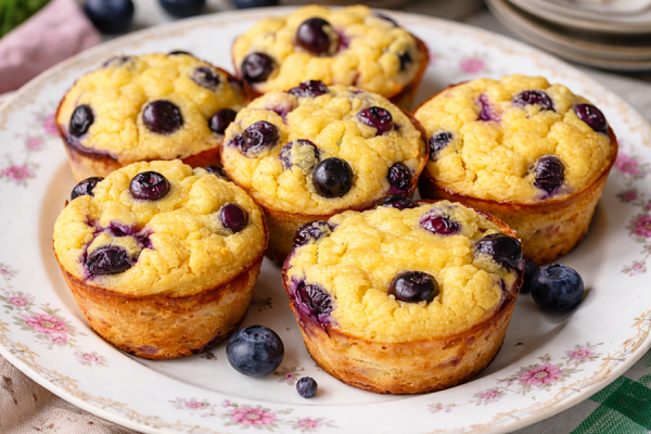 a plate full of lemon blueberry protein muffins