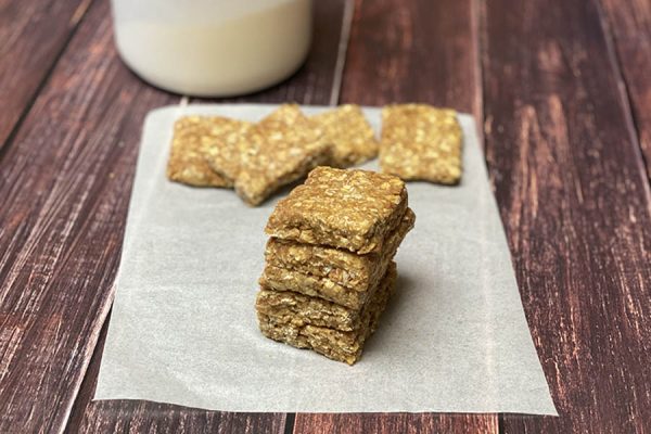 A stack of homemade vanilla almond protein bars