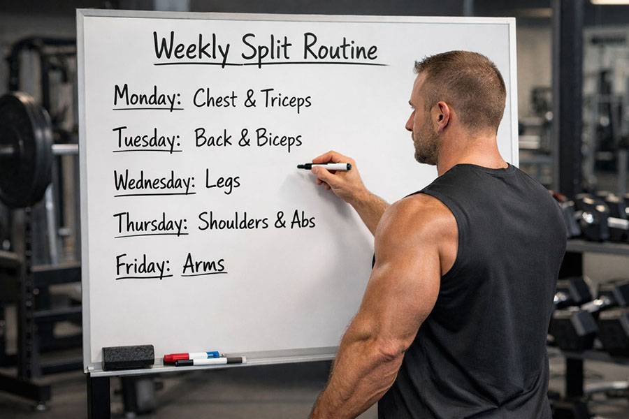 Bodybuilding writing out weekly split routine workout schedule