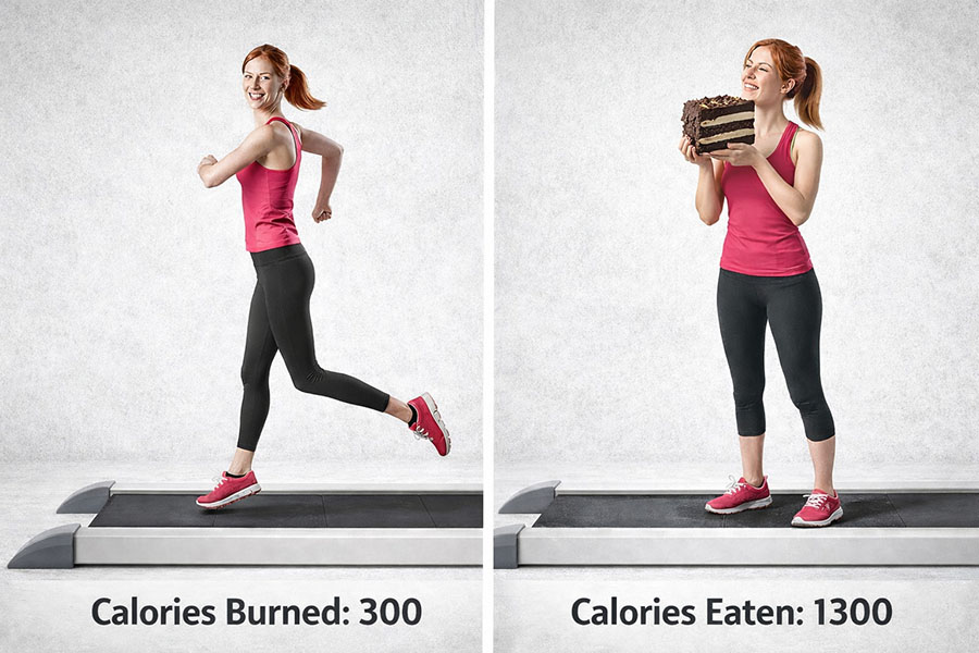 woman on treadmill eating more cake calories than she just burned