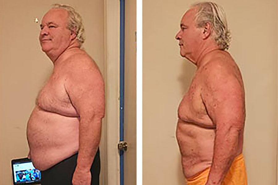 Before and after photo of scott's 54 lb weight loss at age 60
