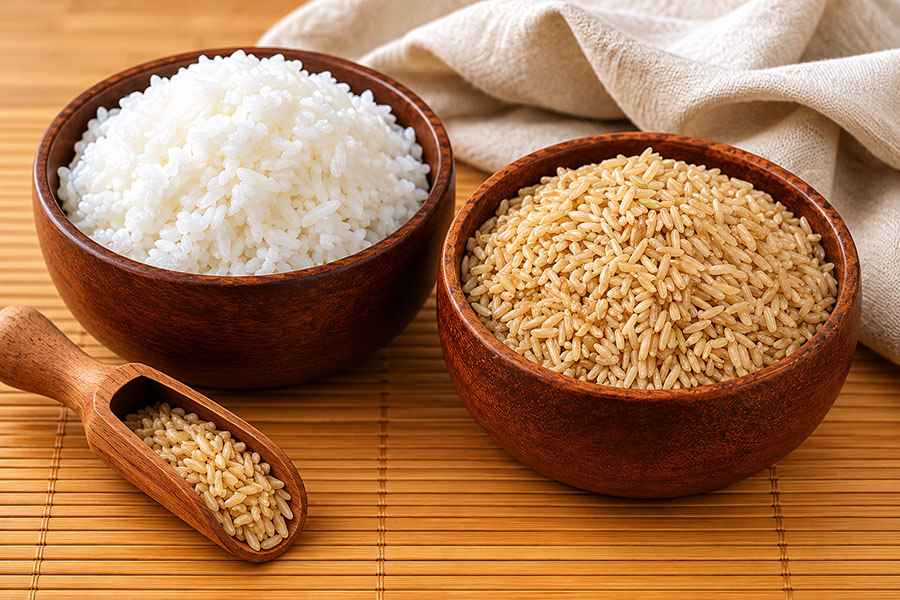 a bowl of white rice and a bowl of brown rice. Is the white rice fattening?