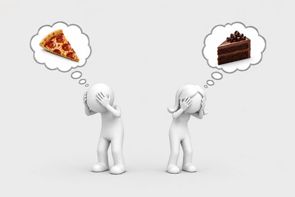 Illustration of man and woman having trouble with food noise