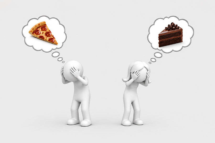 Illustration of man and woman having trouble with food noise