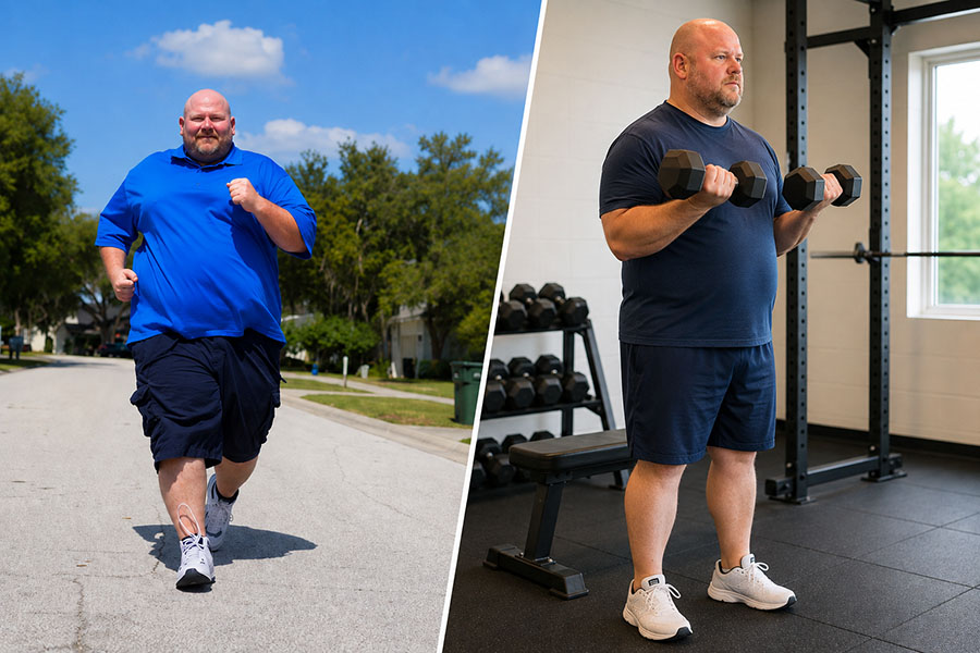 Overweight man doing cardio and lifting weights