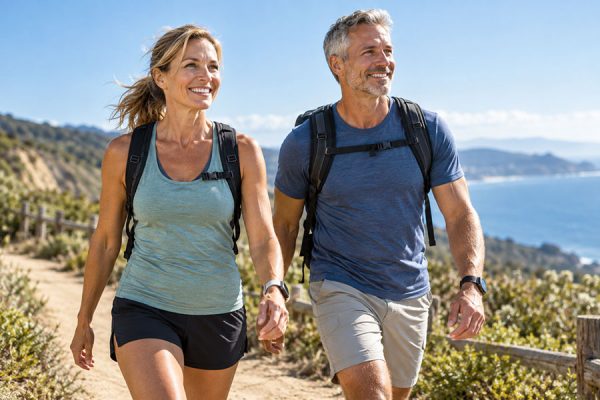 Middle aged couple walking - fit and aging well